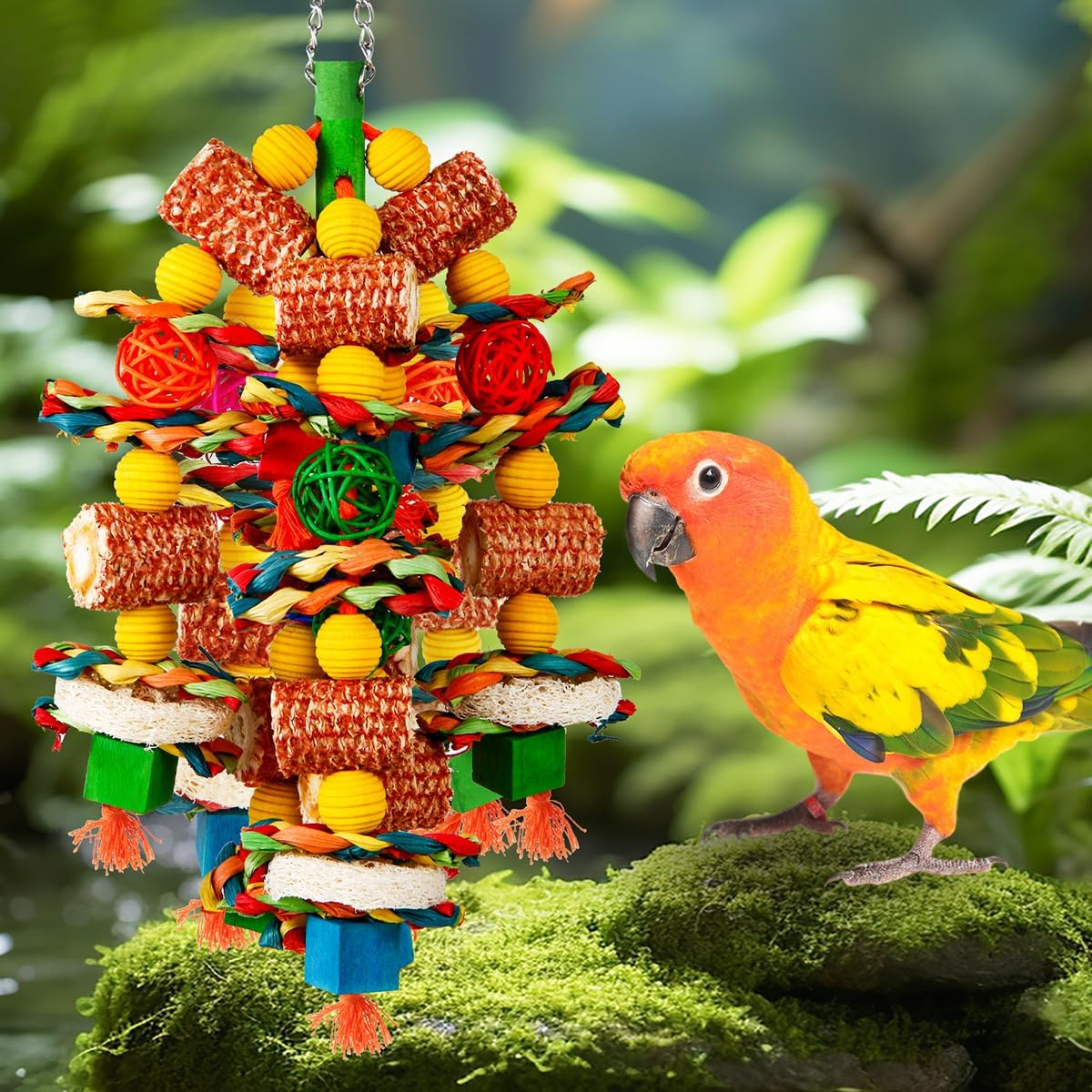 Bird Toys, Parrot Toys for Large Birds,Natural Corn Cob and Loofah Slices Bird Chew Toys for African Grey Parrots, Macaws, Cockatoos, Amazon Parrot and Other Small and Medium-Sized Parrot (Colorful) - Colorful image number 4
