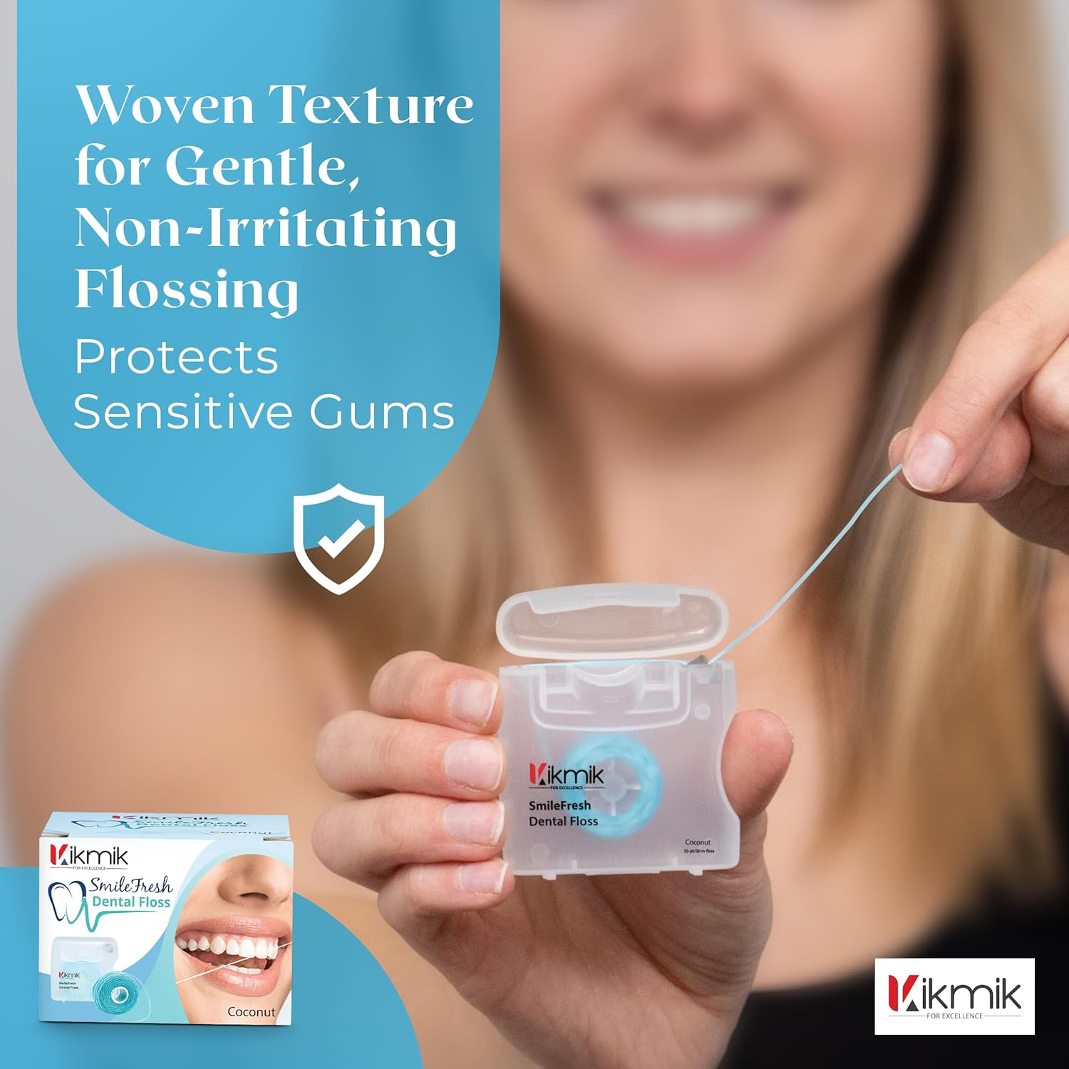 Kikmik Woven Dental Floss - 2 Pack Coconut Floss, Shred Resistant, Extra Wide Woven Floss Dental, Gentle on Gums, Effective Plaque Removal Smilefresh Floss, 33 Yards 30 M Each - Pack of 2. image number 2