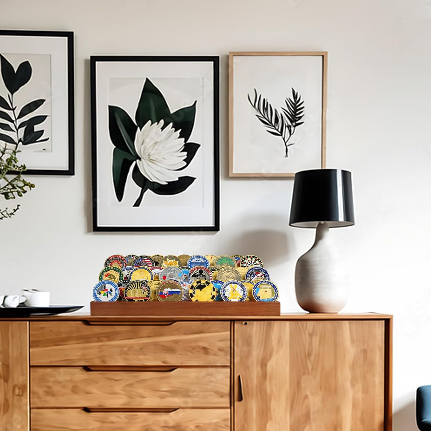 TJWZXX Challenge Coin Holder, 9 Rows Solid Wood Military Coin Display Stand Holds 60 Coins, Army Coin Rack Display Case for Desk Display image number 3