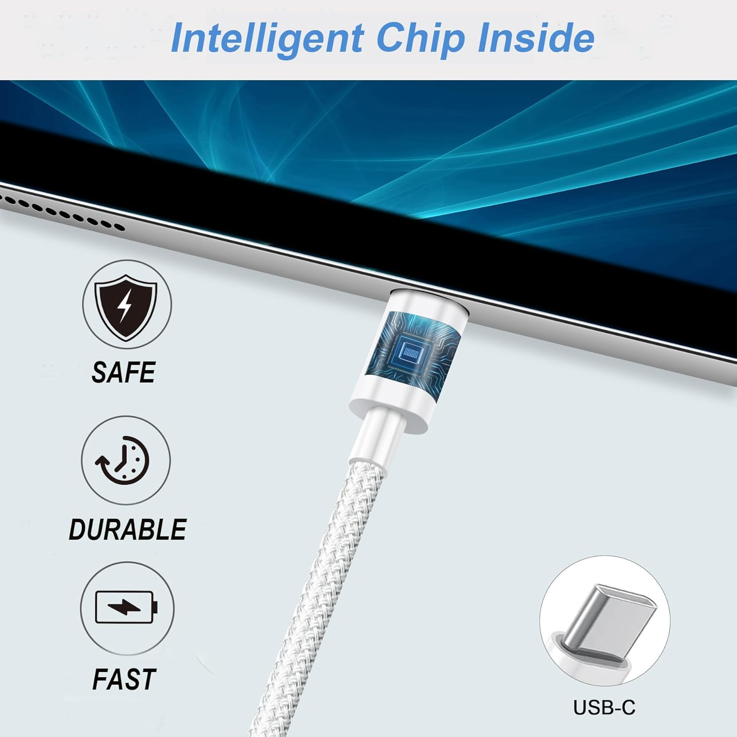 2Pack 2M USB-C to USB-C Cable 3A 60W Nylon Braided Charger Fast Charging Cable White for Apple Macbook,Ipad, Iphone 15, Iphone16, Samsung Galaxy, Google Pixel,Xiaomi image number 5