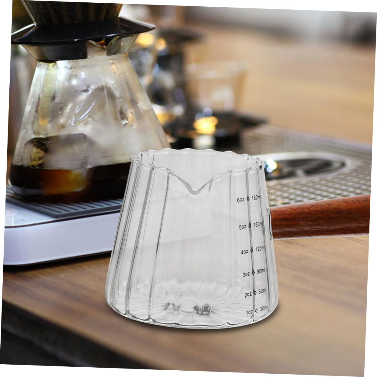TOYZFRIENDY Glass Milk Pitcher and Frothing Cup with Wooden Handle, Heat-Resistant Multi-Function Measuring Syrup and Coffee Glass Set (2Pcs) for Home and Espresso Brewing image number 3