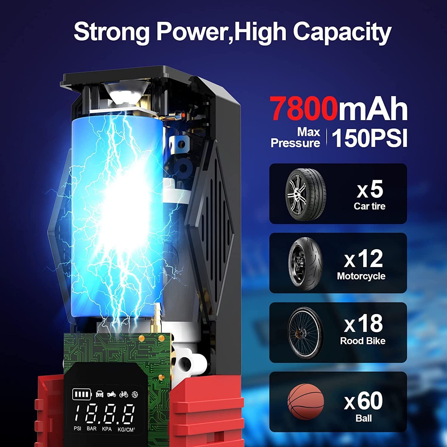 FOWAWU Car Tyre Inflator 150PSI 7800Mah,Portable Air Compressor Tire Inflator Electric Bike Pump with LED Flashlight DC 12V,Car Tyre Pump for Bike Motorcycle Ball Smart Digital Air Pressure Detection image number 2