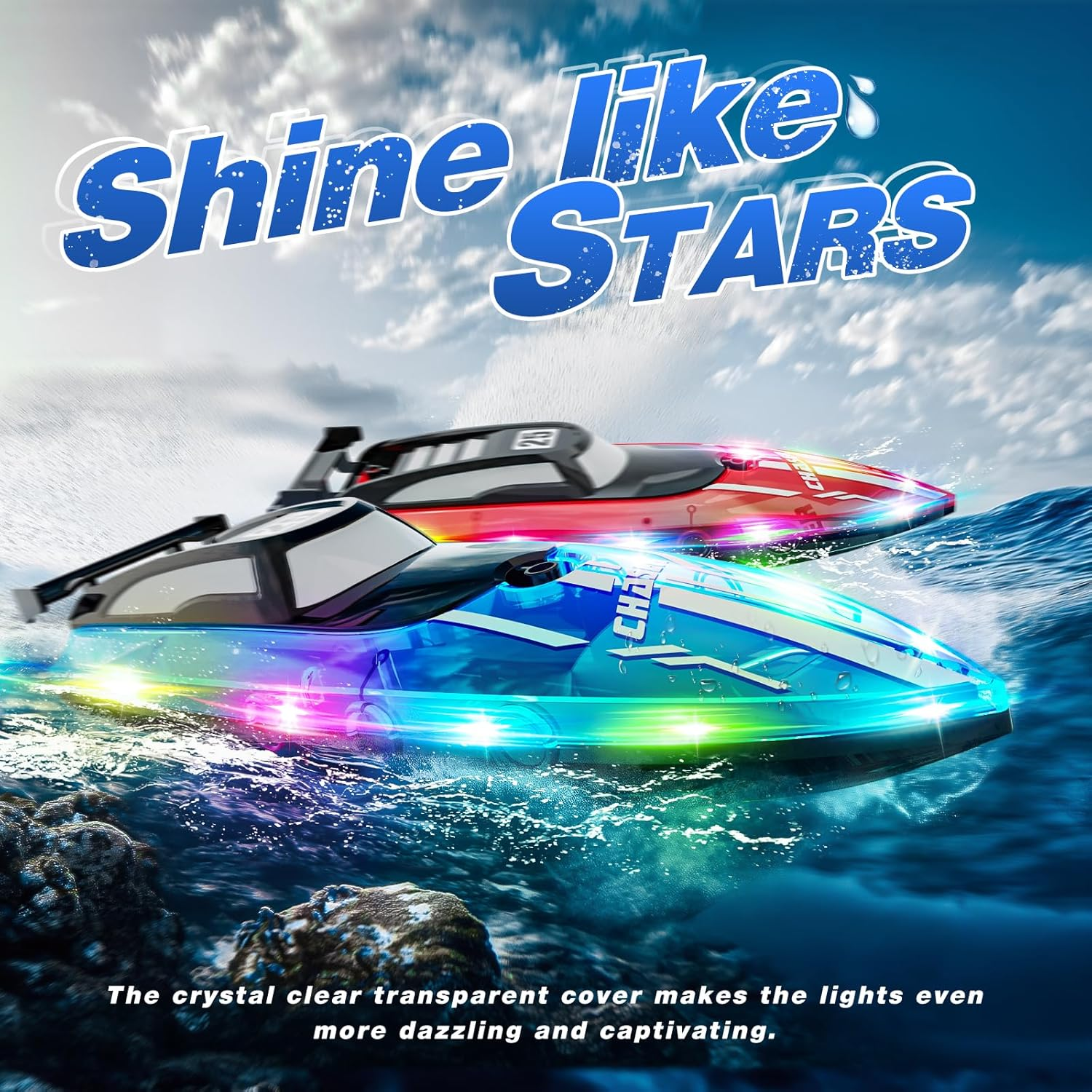 RC Boat with Dazzling LED Lights & US Flag,2.4Ghz Remote Control Racing Boats for Kids 8-12,Toy Water Boat for Pools and Lakes with Waterproof for Boys Girls Blue