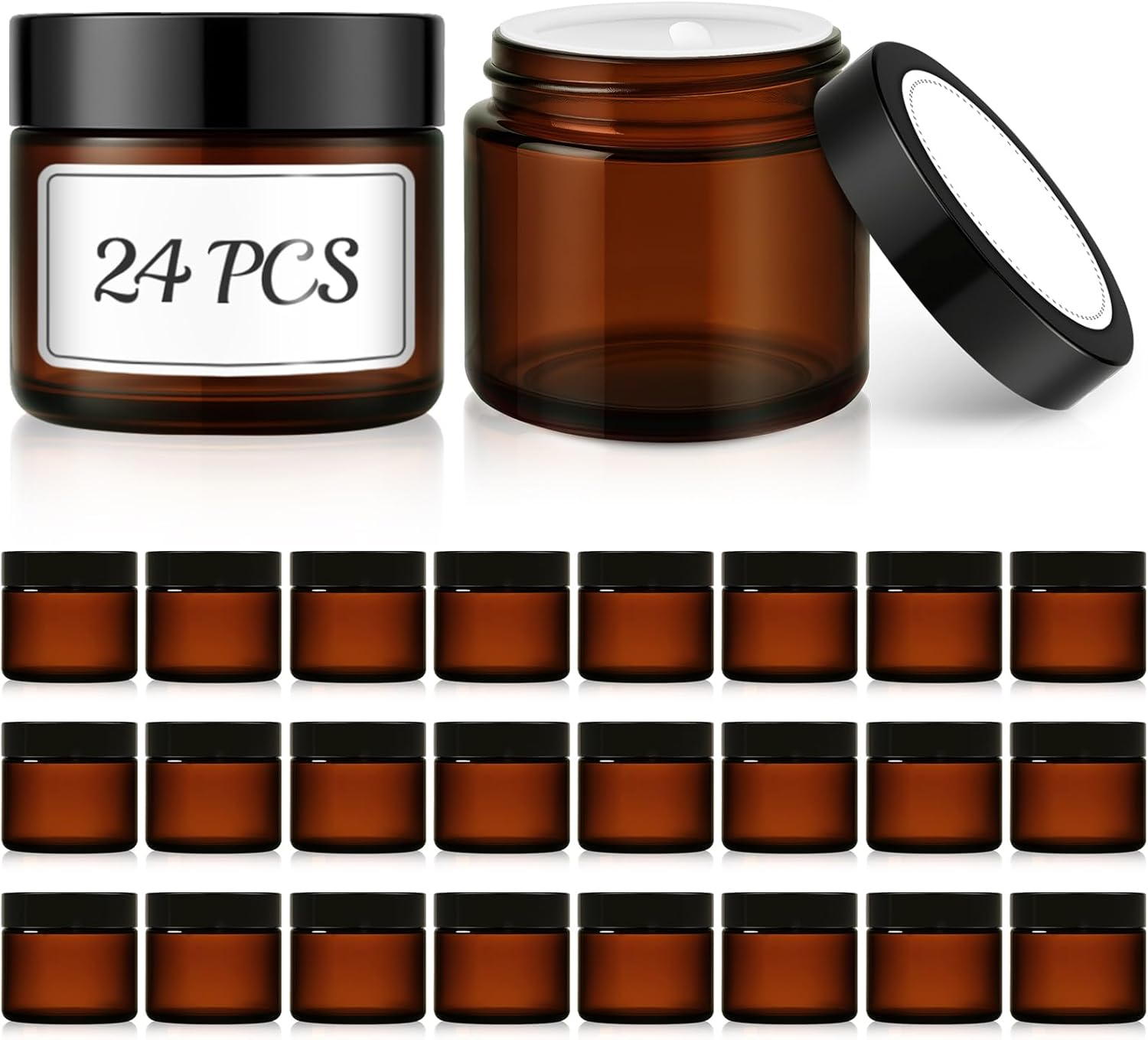 Bumobum 2 Oz Small Glass Jars with Lids, 24 Pack Amber Glass Cosmetic Jars with Inner Liners, 60Ml round Empty Sample Containers for Cream, Salve, Powders and Ointments Storage