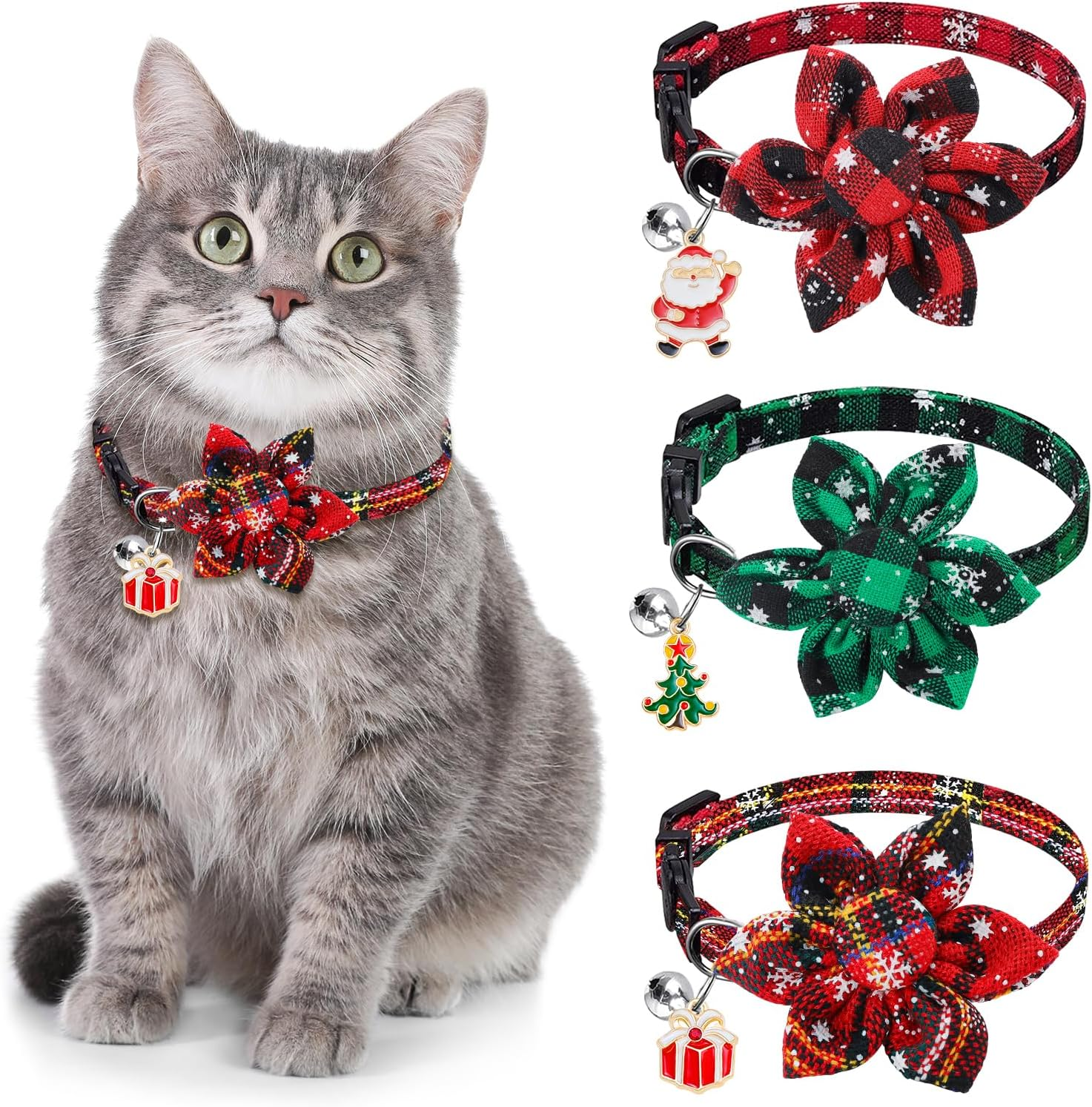 3Pcs Christmas Cat Collars with Flower Bell image number 2