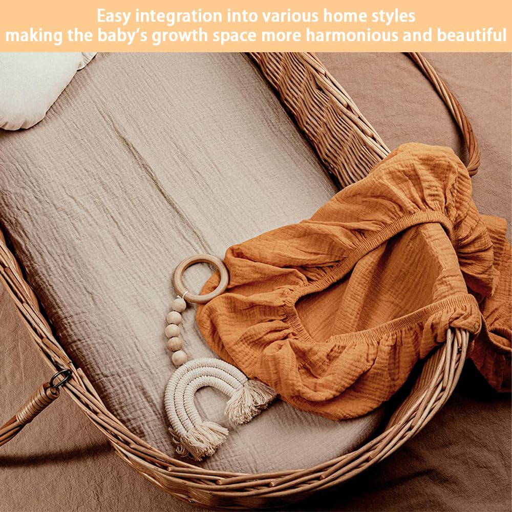 2 Pcs Bassinet Fitted Sheets, Universal Cradle Sheet Set for Rectangle, Oval, or Hourglass Bassinet Pad/Mattress, Soft Breathable Stretchy Baby Pad/Mattress Sheet Set (Yellow and Beige) image number 4