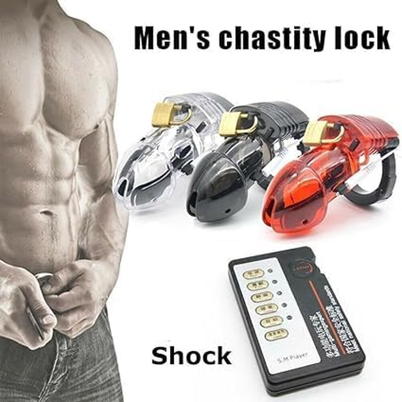 Electric Shock Chastity Cage Bird Cage Device Lockable Men Rings Plastic Male Chastity Cage for Adult Male Men Sex Toys (Black)