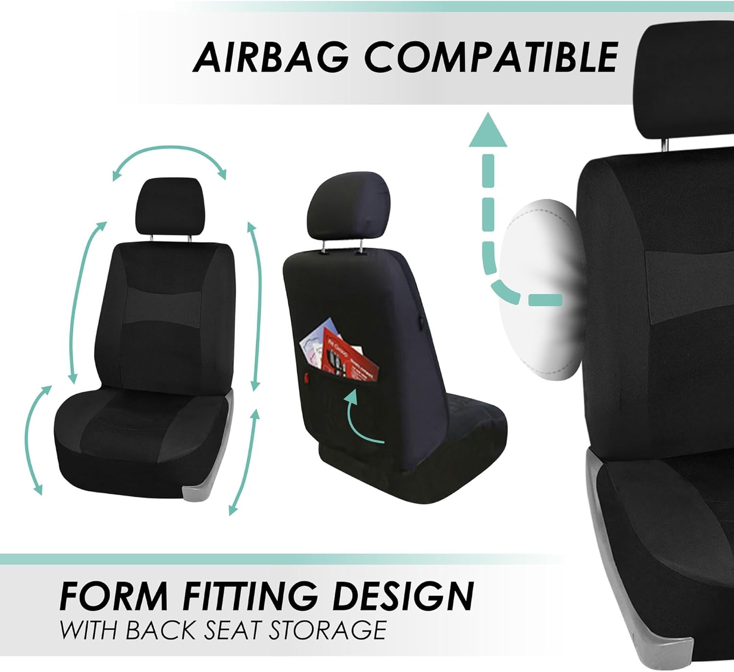 FH Group Automotive Seat Covers Black Universal Fit Combo Set with Steering Wheel Cover and Seat Belt Pad Fits Most Cars, Suvs, and Trucks (Airbag Compatible and Split Bench) FB030115BLACK-W-B image number 3