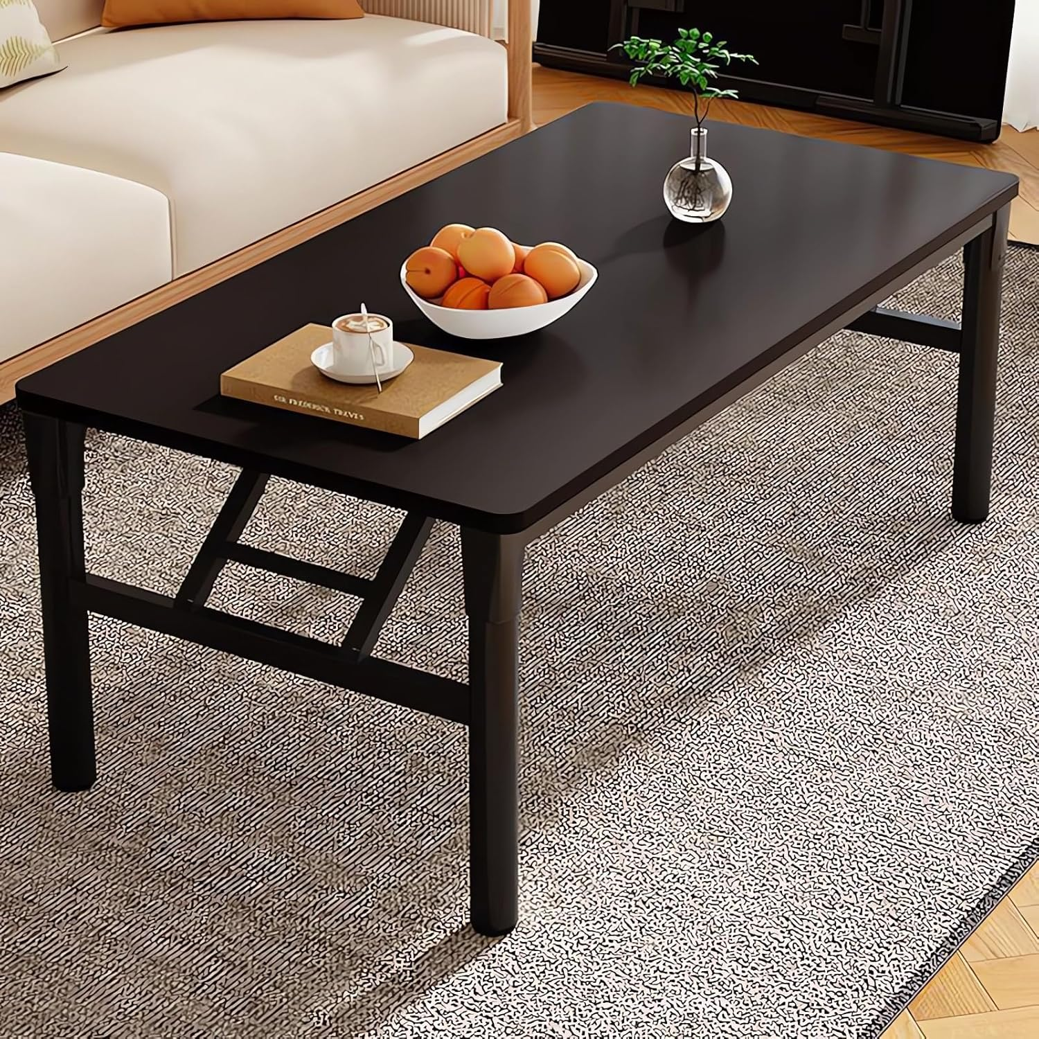 Modern Coffee Table with Wood Top, Foldable Metal Legs, Living Room Furniture A189 (White, 80X40X42CM)