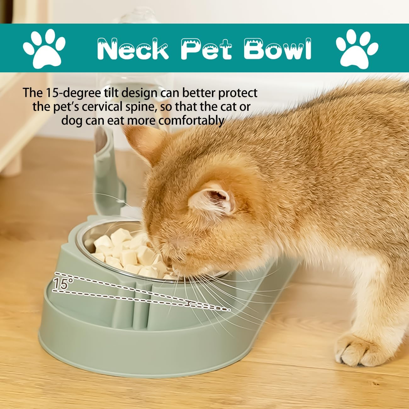 Cat Bowl,Raised Dog Bowls,Water and Food Bowl Set,3 in 1 Pet Feeder and Waterer,15&deg; Tilted anti Vomiting Elevated Cat Dish,Pet Feeding Bowl with Automatic Waterer Bottle for Kitten Puppy Dogs (Green)