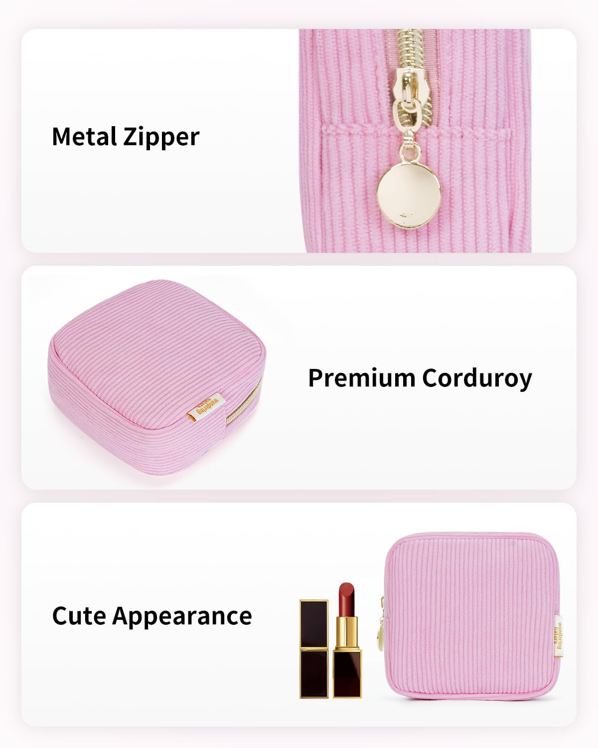 Wandering Nature Small Makeup Bag for Purse Zipper Cosmetic Bag for Women Pouch Travel Eco Vegan Leather Make up Organizer for Toiletry Bag Water Resistant Gift Idea, Black, Corduroy Pink, Mini, - Beige image number 2