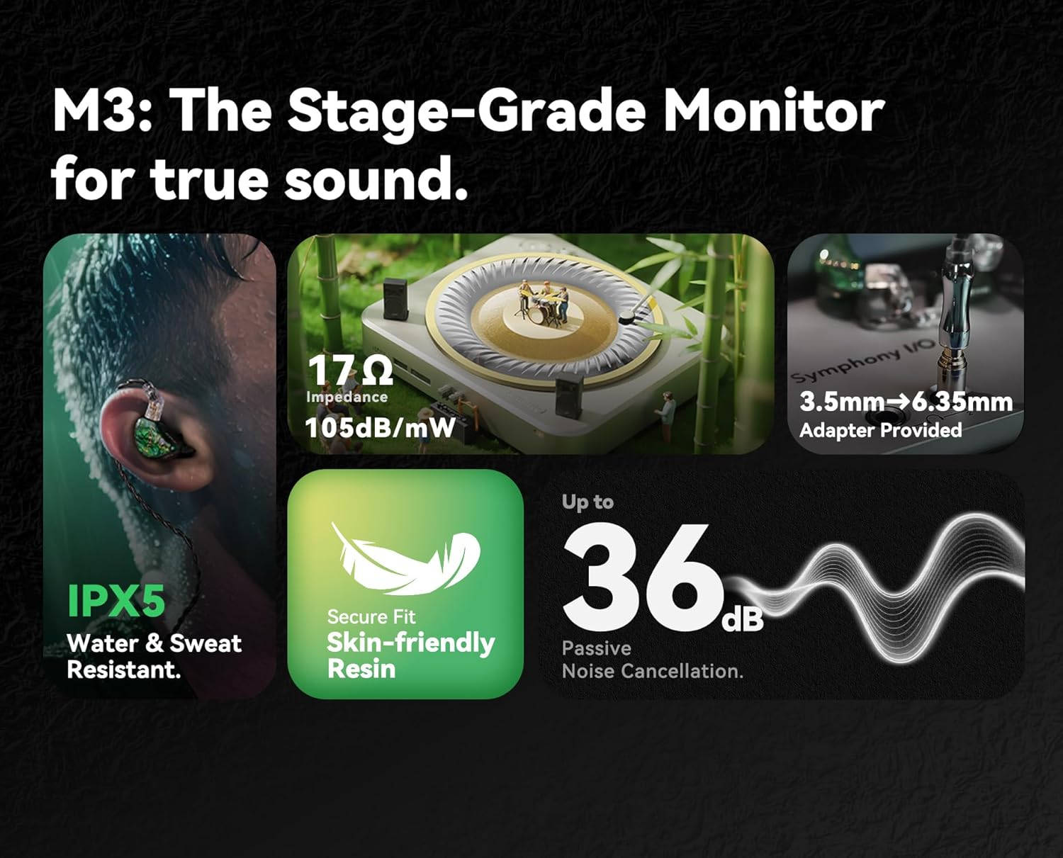 Tipsy M3 Professional IEM for Musicians, 2BA + 1DD Drivers, 36Db PNC, IPX5, Acoustic-Runway&trade; Technology, Skin-Friendly Resin, Detachable 0.78Mm 2-Pin Cable (No Mic, Green) image number 4