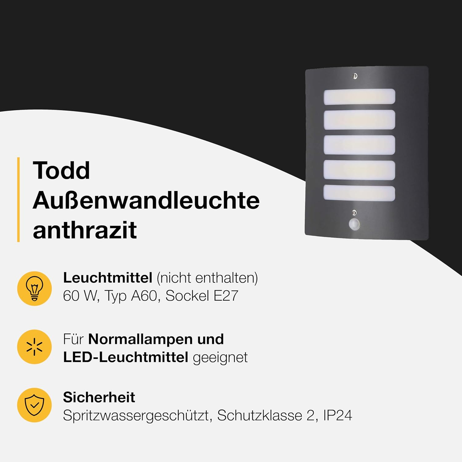 BRILLIANT Lamp Todd Outdoor Wall Light Motion Detector Anthracite | 1X A60, E27, 60W, Suitable for Standard Lamps (Not Included) | Scale a ++ to E | IP Protection Class: 44 - Splash-Proof - Black image number 5