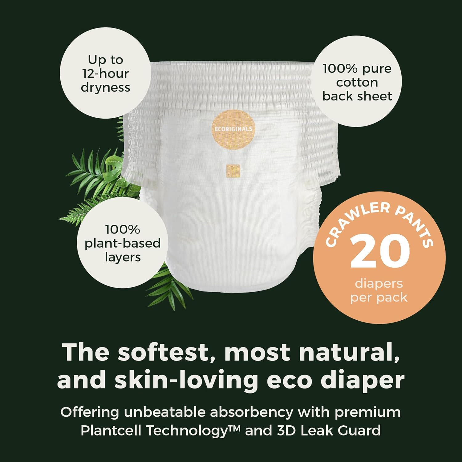 Ecoriginals - 20 Eco Crawler Pull up - Nappy Pants Size 3 with 100% Plant-Based Layers, Disposable Pull Ups & Hypoallergenic Baby Essentials for Babies - Secure Fit Baby Nappies (7-12Kg), 1 Pack image number 3