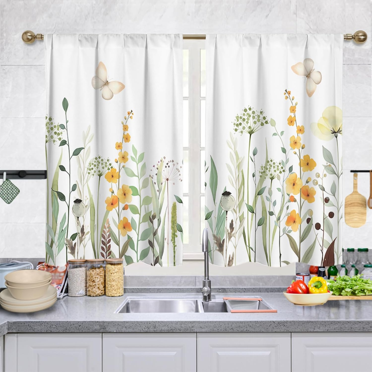 Floral Rustic Kitchen Curtains - Farmhouse Botanical Tier Drapes Kitchen Window Curtains 39 Inch X 27.5 Inch, Colorful Leaves Rod Pocket, 2 Panels Set (Cafe/Country Decor)