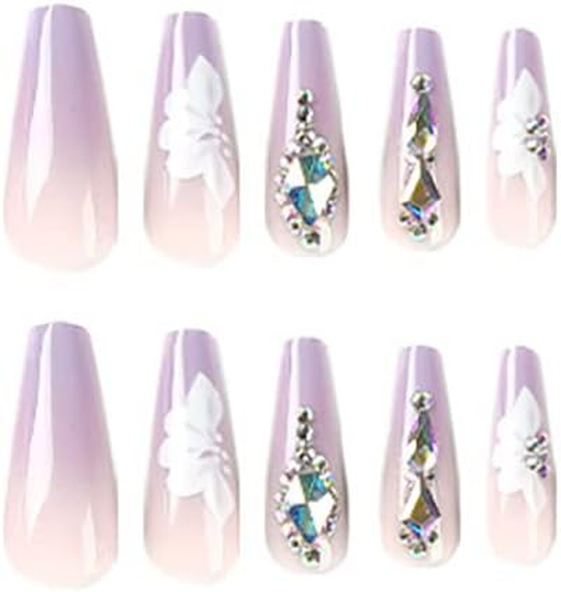 24Pcs Light Purple False Nails Long Coffin Shaped Ballet Fake Nails with Rhinestone Flower Pattern Design French Fake Nails for Women and Girls Nail Tips image number 2