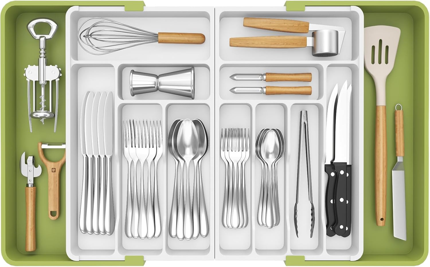 Lifewit Large Silverware Drawer Organizer, Expandable to 36 Inches Wide, BPA Free Plastic Utensil Tray for Kitchen, Adjustable Flatware and Cutlery Holder for Spoons Forks Knives, Green&White