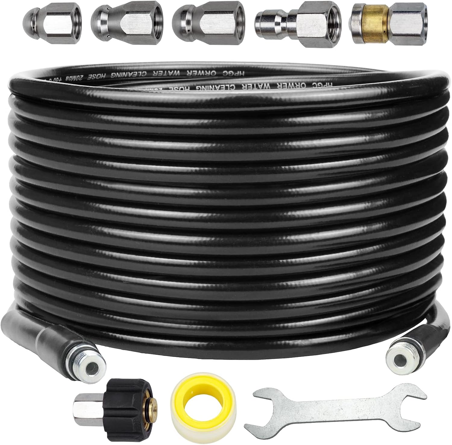 Sewer Jetter Kit for Pressure Washer 150FT, Newest 5800PSI Drain Cleaner Hose 1/4" NPT Angle, Accessory with 2 Spanners, 6 Jet Nozzles, with Pearl Brooch and Waterproof Tape image number 2