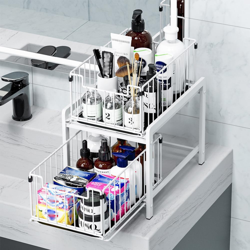 Yunnasi under Sink Storage 2-Tier Pull Out Sliding Basket for Cabinet Kitchen Cupboard Organiser Detachable Metal Storage Rack for Bathroom (Regular, Whitewhite) - Blackblack image number 4