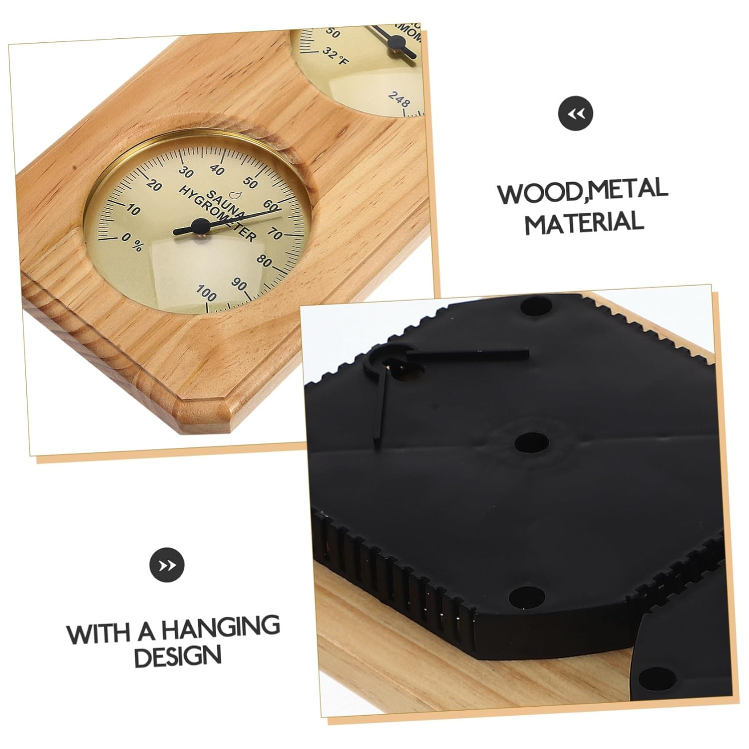 COHEALI High Temperature Resistant Sauna Hygrothermograph Wooden Wall-Mounted Indoor Temperature Humidity Gauge for Sauna Rooms and Swimming Pools Metal Construction Precise Analog image number 4