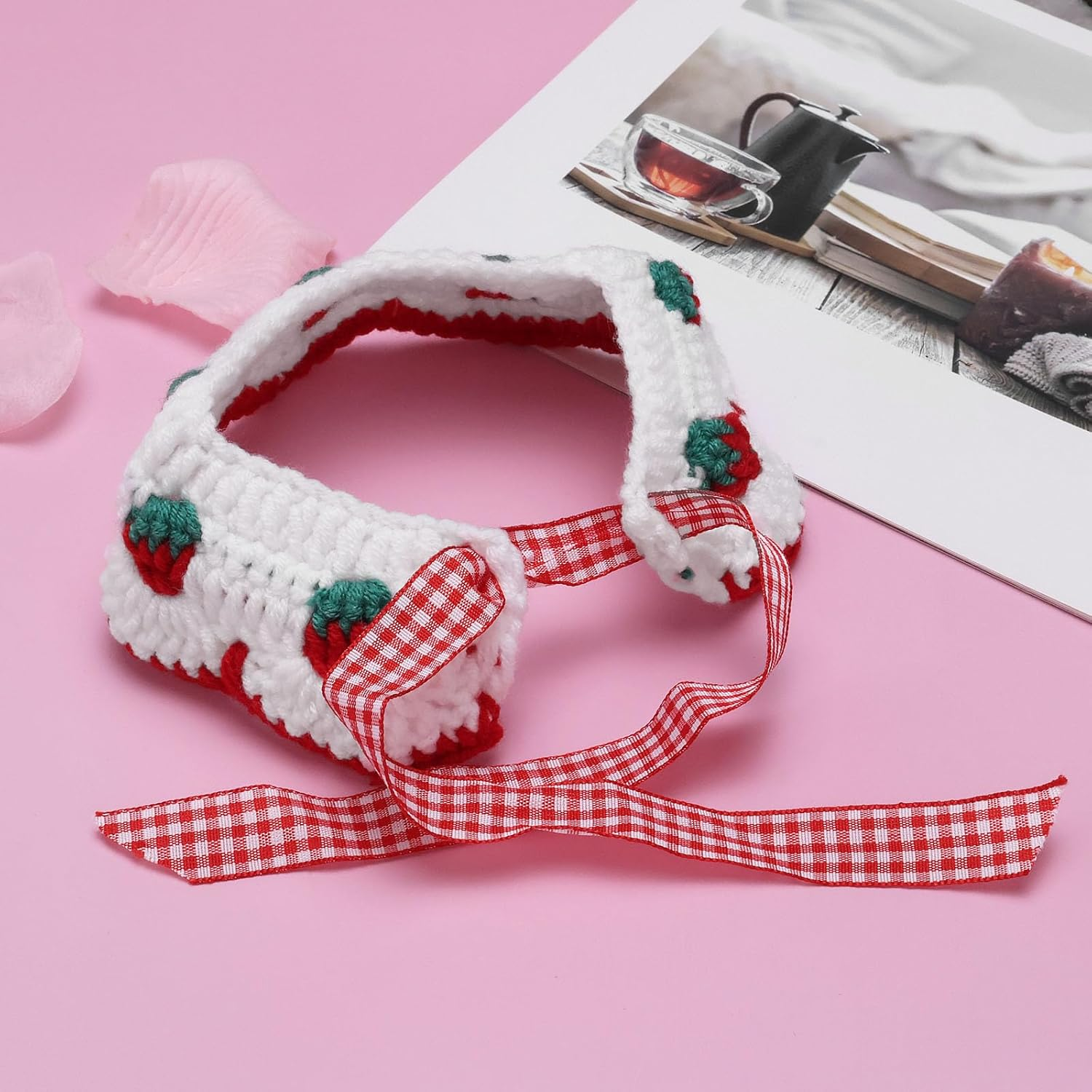Emagtech 2 Pieces Knitted Collar for Cats Neck Circumference 20-25 Cm Suitable for Cats Weighing 2-4 Kg with Cute Bow Tie and Strawberry Pattern for Cats Kittens and Puppies (S) image number 1