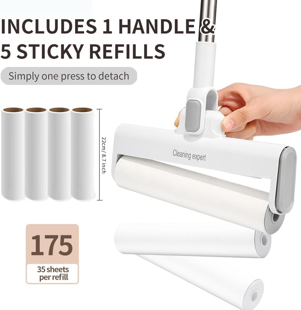 Lint Roller Extra Long Pet Hair Remover Kit with 5 Refills, 175 Sheets, Sticky Roller with Cover for Pet Hair Removal and Clothes Furniture Carpet Cleaning （Scalable Long Handle） image number 2
