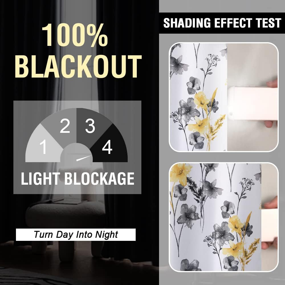 Princedeco 100% Blackout Curtains 2 Panels Set Cattleya Floral Printed Drapes Leah Floral Thermal Curtains for Bedroom with Black Liner Sound Proof Curtains,Grey and Yellow W132Cm X D213Cm image number 6