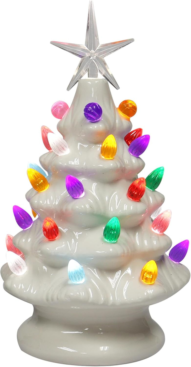 MOMENTS in TIME Ceramic Christmas Tree 9&rdquo; White LED Lighted Pre-Lit Tabletop Tree with Multicolor Bulbs & Star Topper, Battery Operated Holiday D&eacute;cor image number 4