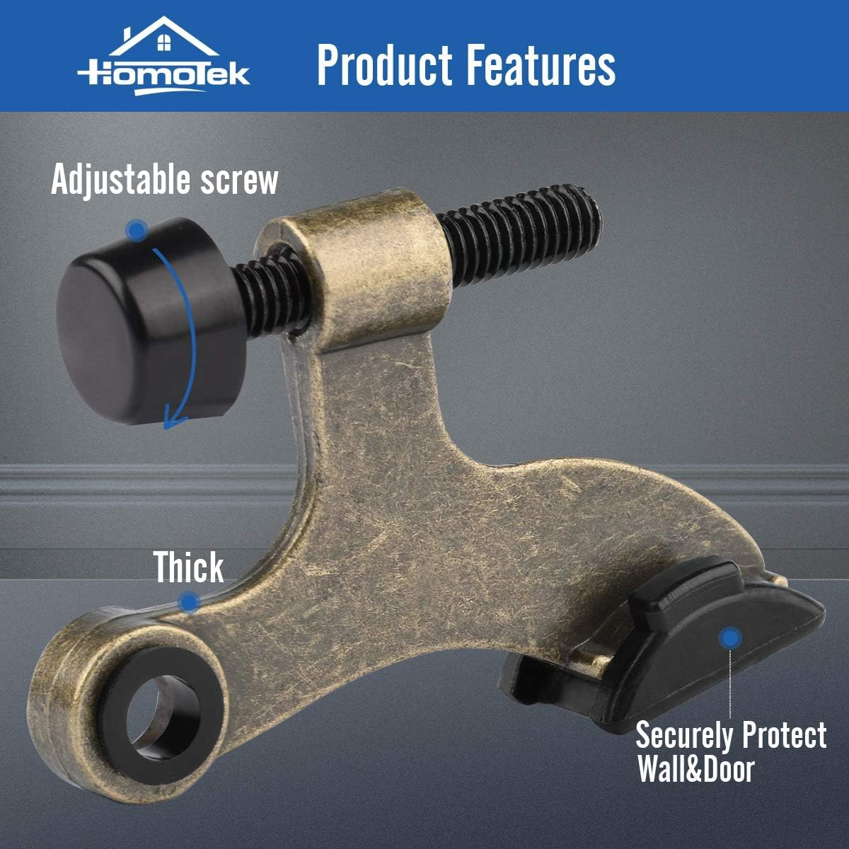 HOMOTEK 4 Pack Hinge Pin Antique Brass Door Stopper, Adjustable Deluxe Heavy Duty Door Stopper 2-1/2"X1-3/4&rdquo;, with Black Rubber Bumper Tips image number 3