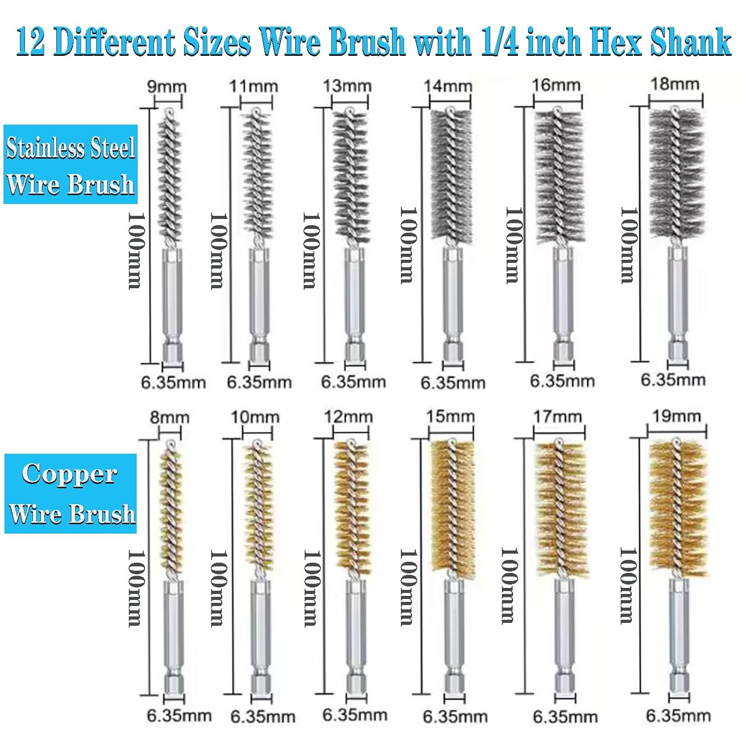 YUENTOEN 12PCS Bore Wire Brush, Stainless Steel Bore Brush Bristles Wire Brush for Rust and Tube Cleaning with 1/4 Inch Hex Shank Handle image number 2