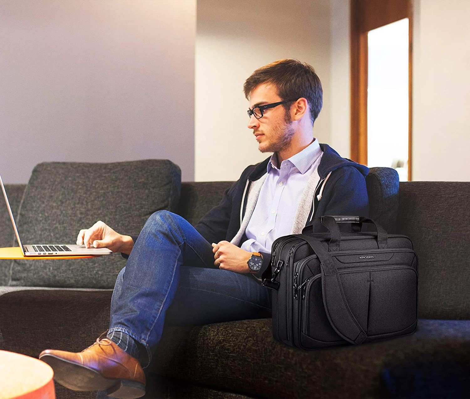 KROSER Laptop Bag 18" Expandable Lightweight Briefcase for 17.3" Laptop Premium Business Work Bag Water-Repellent Messenger Bag with RFID Pockets for School/Travel/Women/Men-Black image number 2