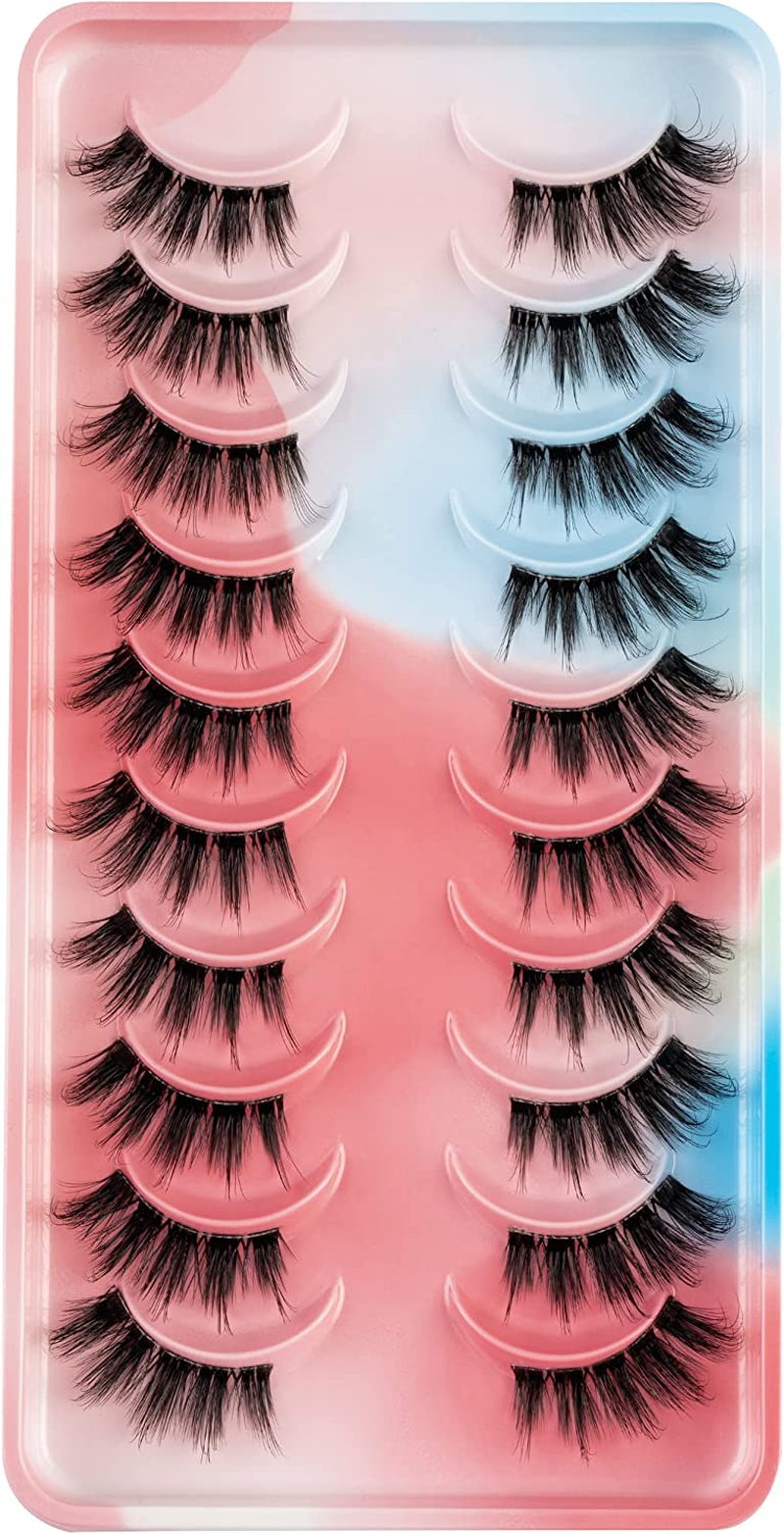 Clear Band Half False Eyelashes Natural Look Wispy Cat Eye Short Fake Lashes Russian Strip Lashes D/DD Curl Natural Faux Mink Eye Lashes(Azm01) image number 1