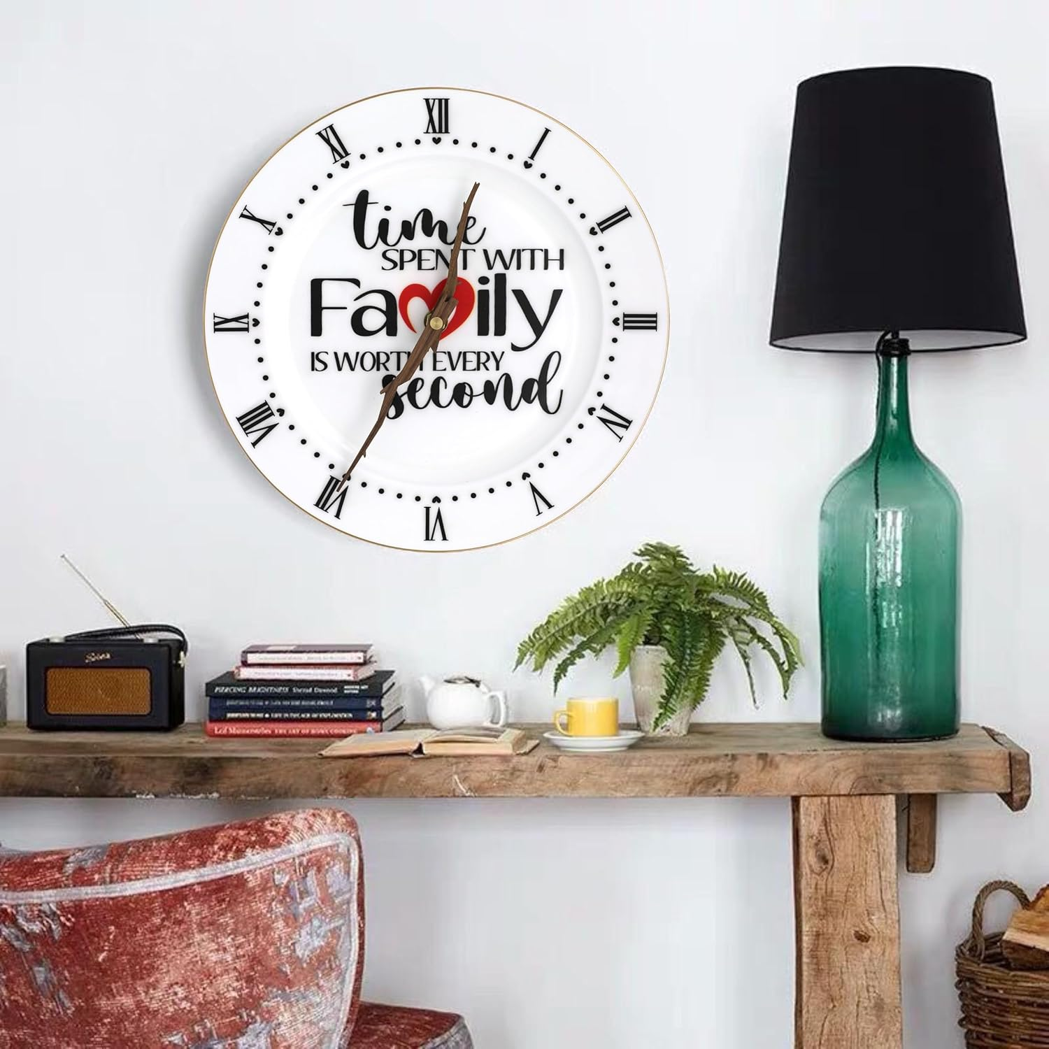 Treble Bee Family Wall Clock -10 Inch Ceramic Clock Gifts for New Home House Warming Rustic Home Decor Vintage Decoration Time Spent with Family Is Worth Every Second Clock Large Roman Numerals Silent - White-40Y image number 3