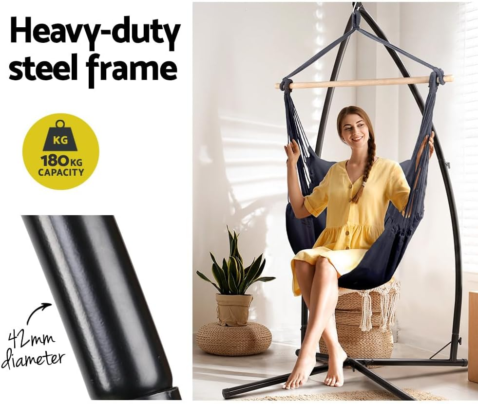 Gardeon Hammock, Single Size Chair Portable Camping Swing Hanging Chairs Hammocks Patio Backyard Porch Outdoor Indoor Furniture, with 2 Cushions Pillows Easy Installation Grey image number 4