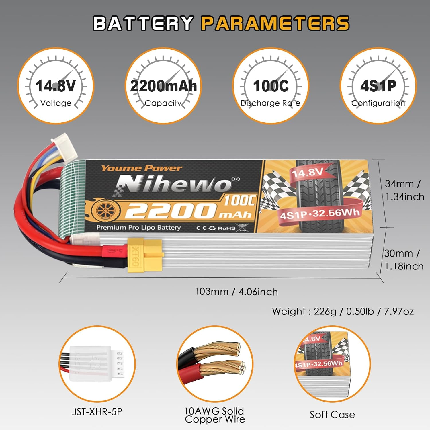 4S Lipo Battery 14.8V 2200Mah RC Battery Soft Case 100C with XT60 Plug for FPV Drone RC Quadcopter Helicopter Airplane Car Truck Boat Models (2 Pack)