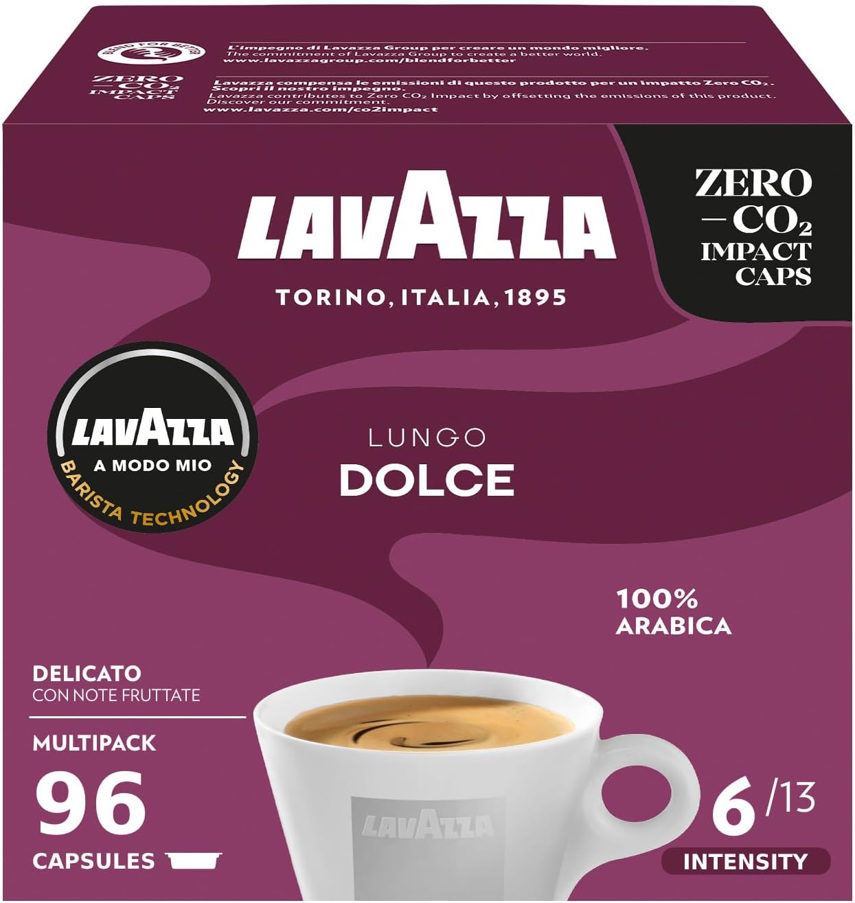 Lavazza, a Modo Mio Lungo Dolce, 16 Coffee Pods, with Aromatic Notes of Dried Fruits, for a Sweet Espresso, 100% Arabica, Intensity 6/13, Medium Roasting, Compostable, 1 Pack of 16 Coffee Pods image number 1