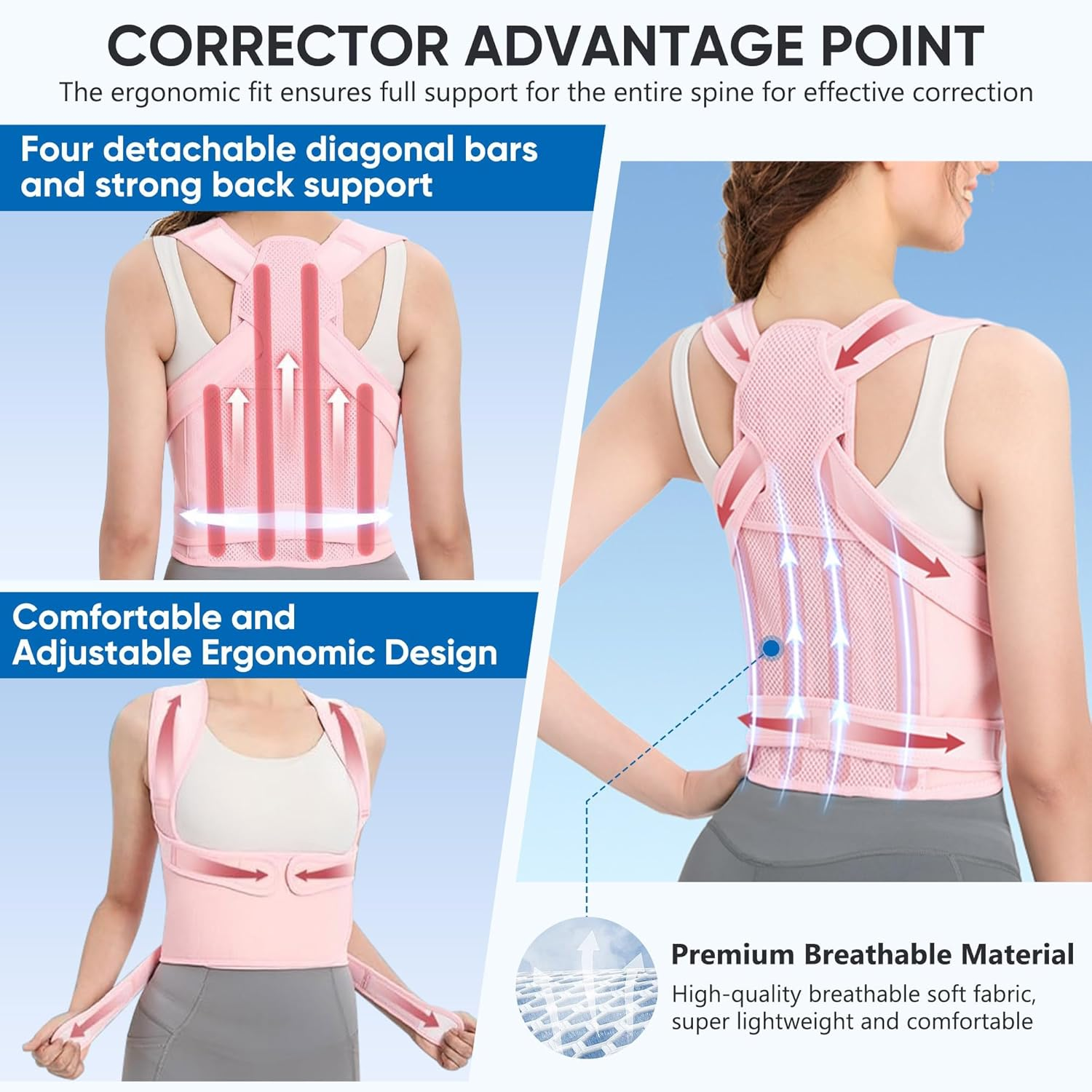 Posture Corrector for Women,Adjustable Shoulder Posture Brace for Upper and Lower Back Pain Relief, Back Straightener Posture, Back Support Hunchback Corrector Pink (Medium) image number 5
