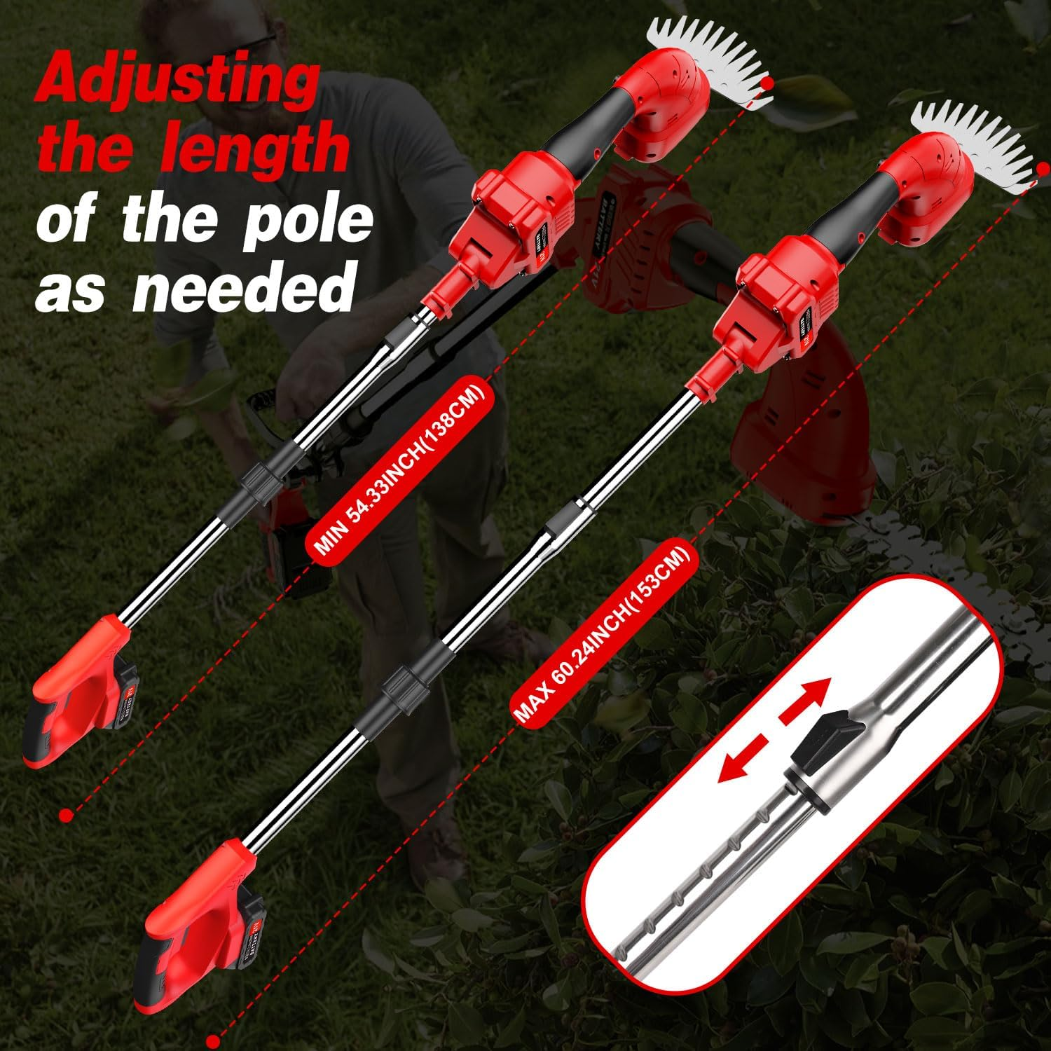 Lmozim 3-In-1 21V Pole Mini Hedge Trimmer & Grass Shear, 8Inch Cutting Blade, 2 * 2.0Ah Batteries Electric Hedge Trimmer with 5Ft Extension Pole, Cordless Hedge Clippers Multi-Angle for Garden, Lawn image number 4