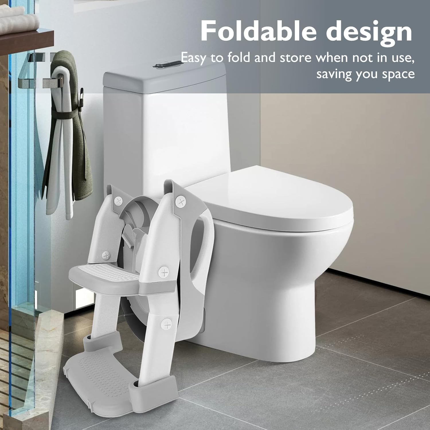 Potty Training Seat with Step Stool Ladder, Height Adjustable Potty Training Toilet with Nonslip Pad Foldable Toddler Toilet Seat for Toddler Kid Boy Girl (Grey) image number 5