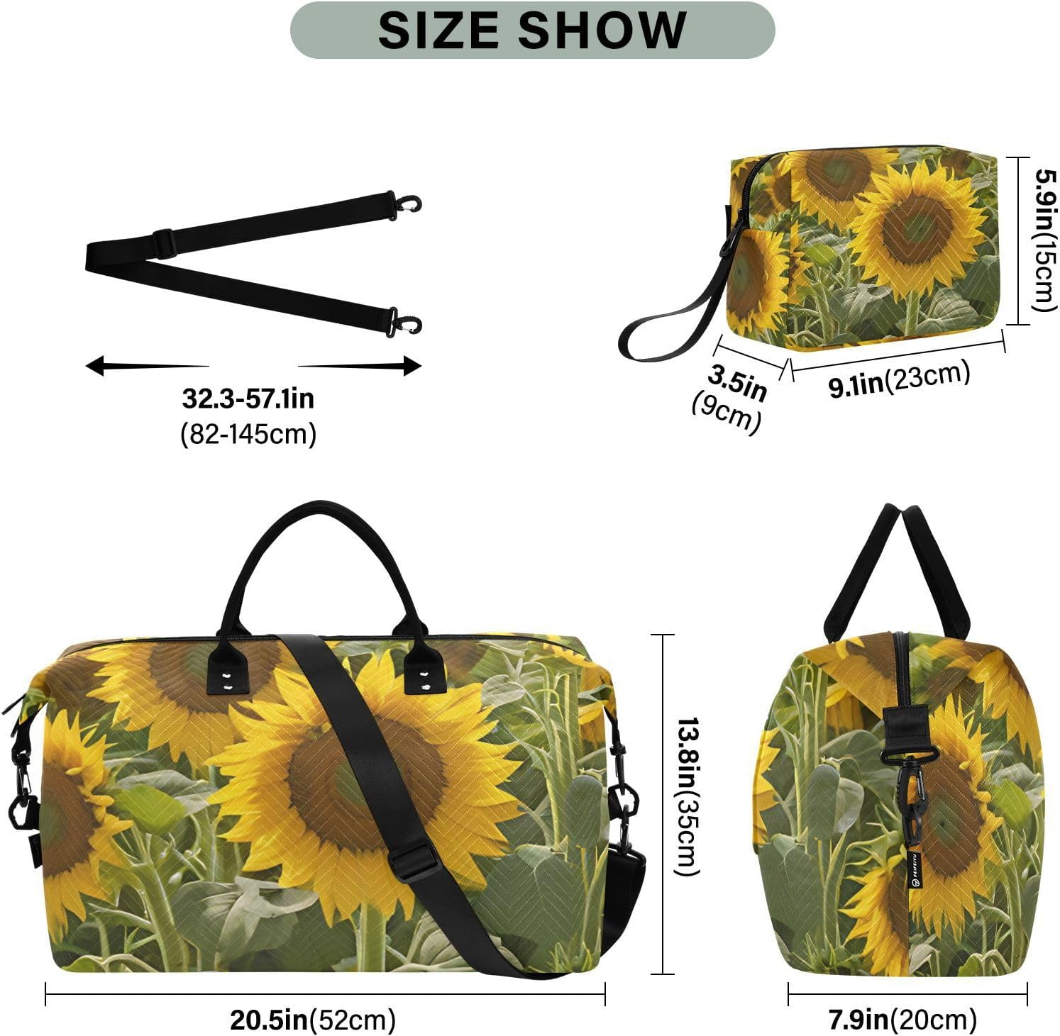 XYMZR Travel Duffel Bag, Sunflower Painting Sports Tote Gym Bag, Shoulder Weekender Overnight Bag for Women Men, Carry on Luggage with Toiletry Bags, Multi-Colored, Utility image number 4