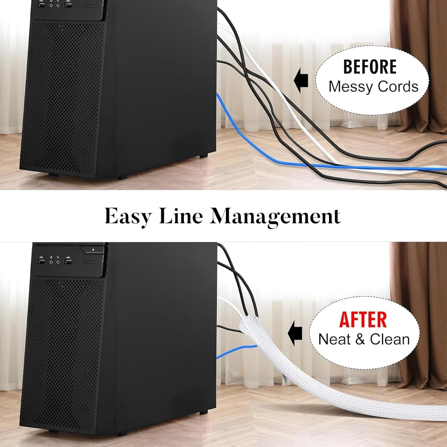 Cable Protector, 16.4Ft(5M) - 1/2 Inch(13Mm) Expandable Braided Cable Sleeve, Cord Wrap Cord Protector Tubing for Pets. Computer, Engine Bay, USB Cable, Cord Management for Home Office (16.4Ft White) image number 2