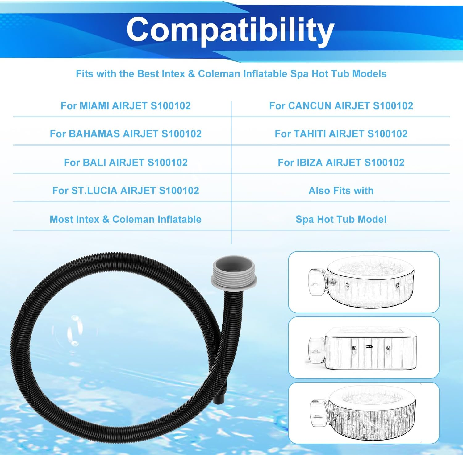 Inflatable Hot Tub Hose Set, Air Bathtub Hose Pipe Tube with Connecting Nut Portable Hot Tub Replacement Hose Spa Inflate Draining Hose for Coleman, Intex Bath Tub Replacement Parts
