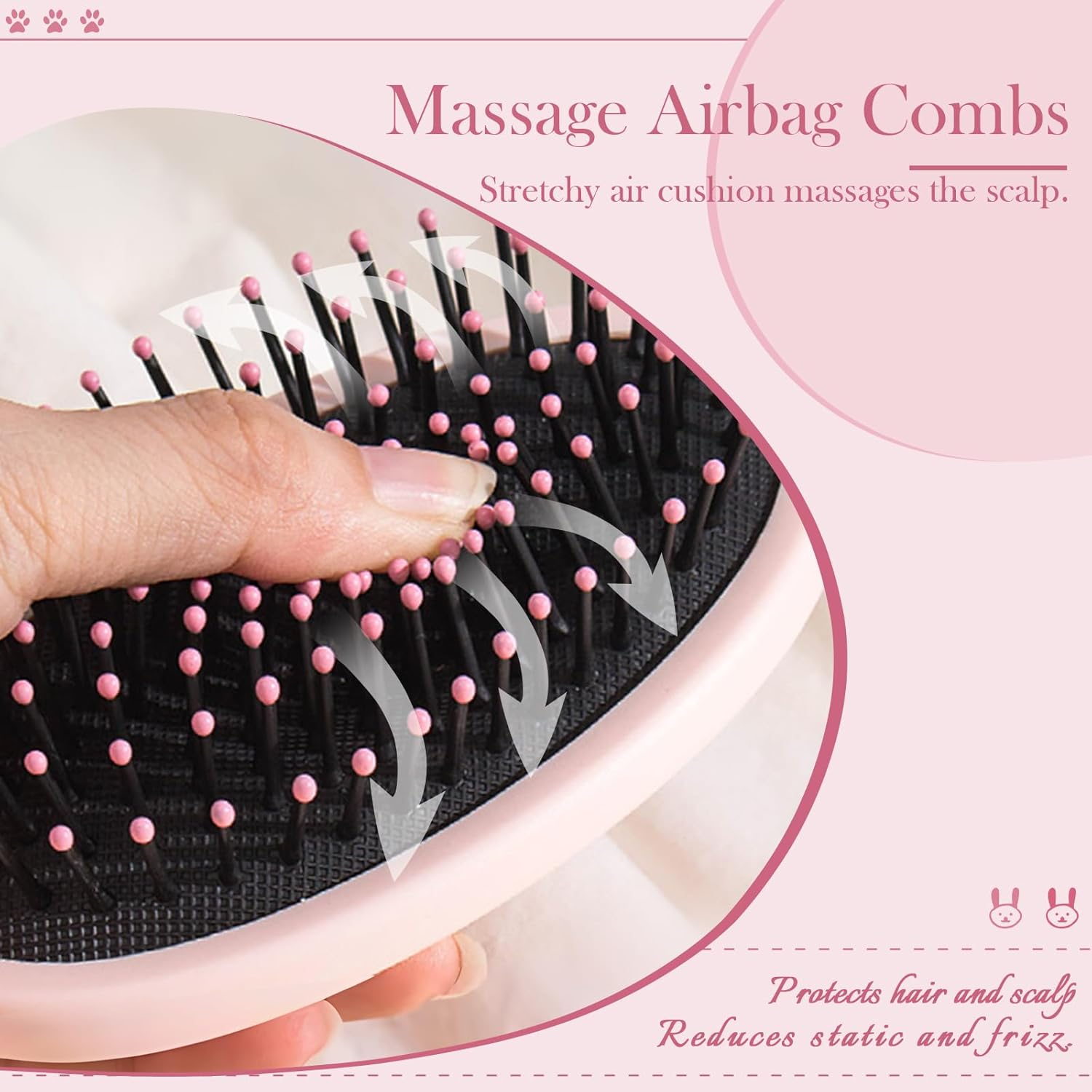 MEGAVOW 4 Pcs Cute Hairbrush Hand Mirror Set, Detangle Massage Comb, Fine Tooth Comb, Rabbit Personalised Handheld Mirror, round Curly Brush for Girls Wet Dry Hair Styling (Pink) image number 2