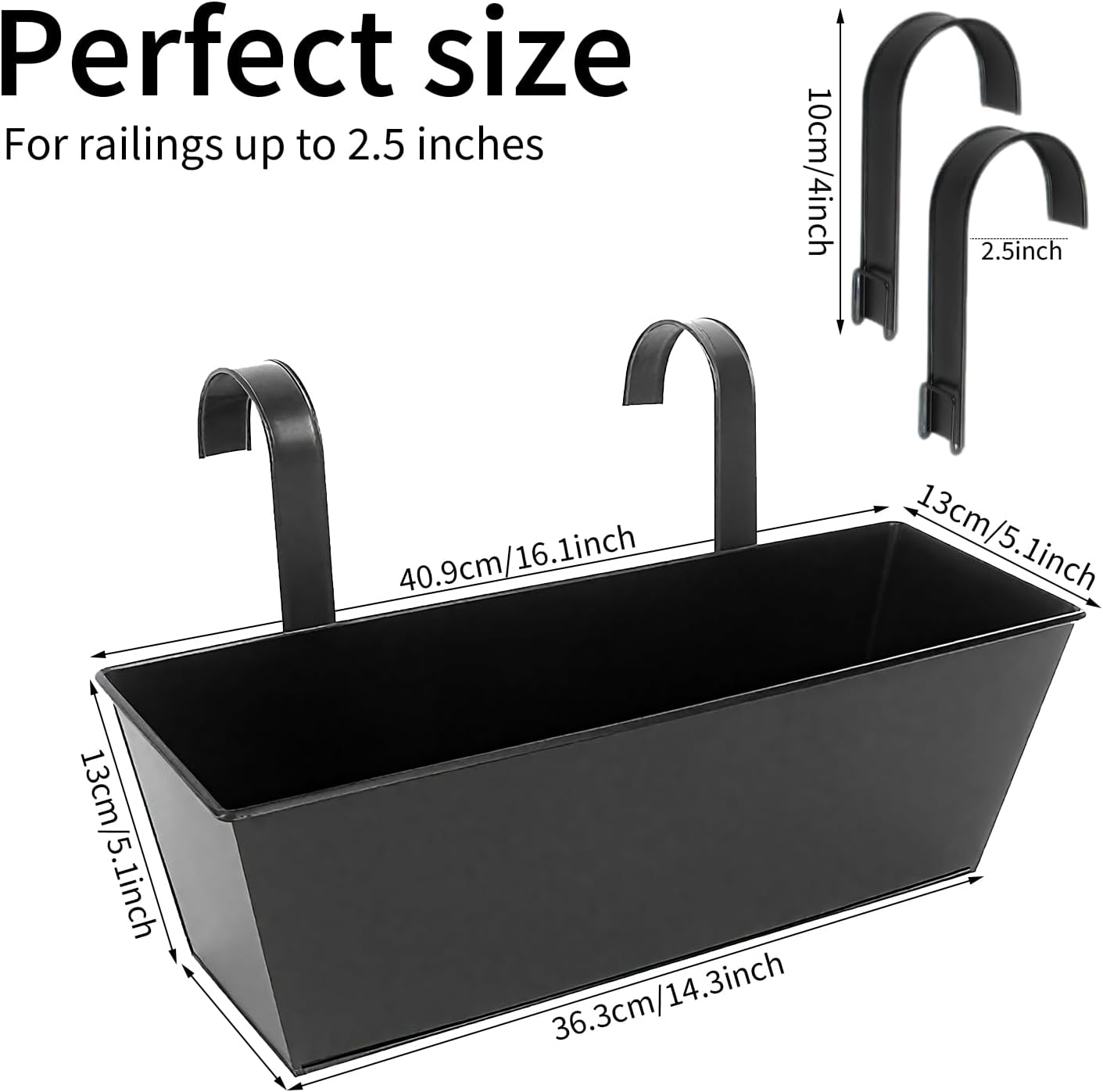 16 Inch Deck-Mounted Railing Plant Pots, Set of 3 Exterior Flower Box for Porch, Patio, Terrace (Black) image number 6