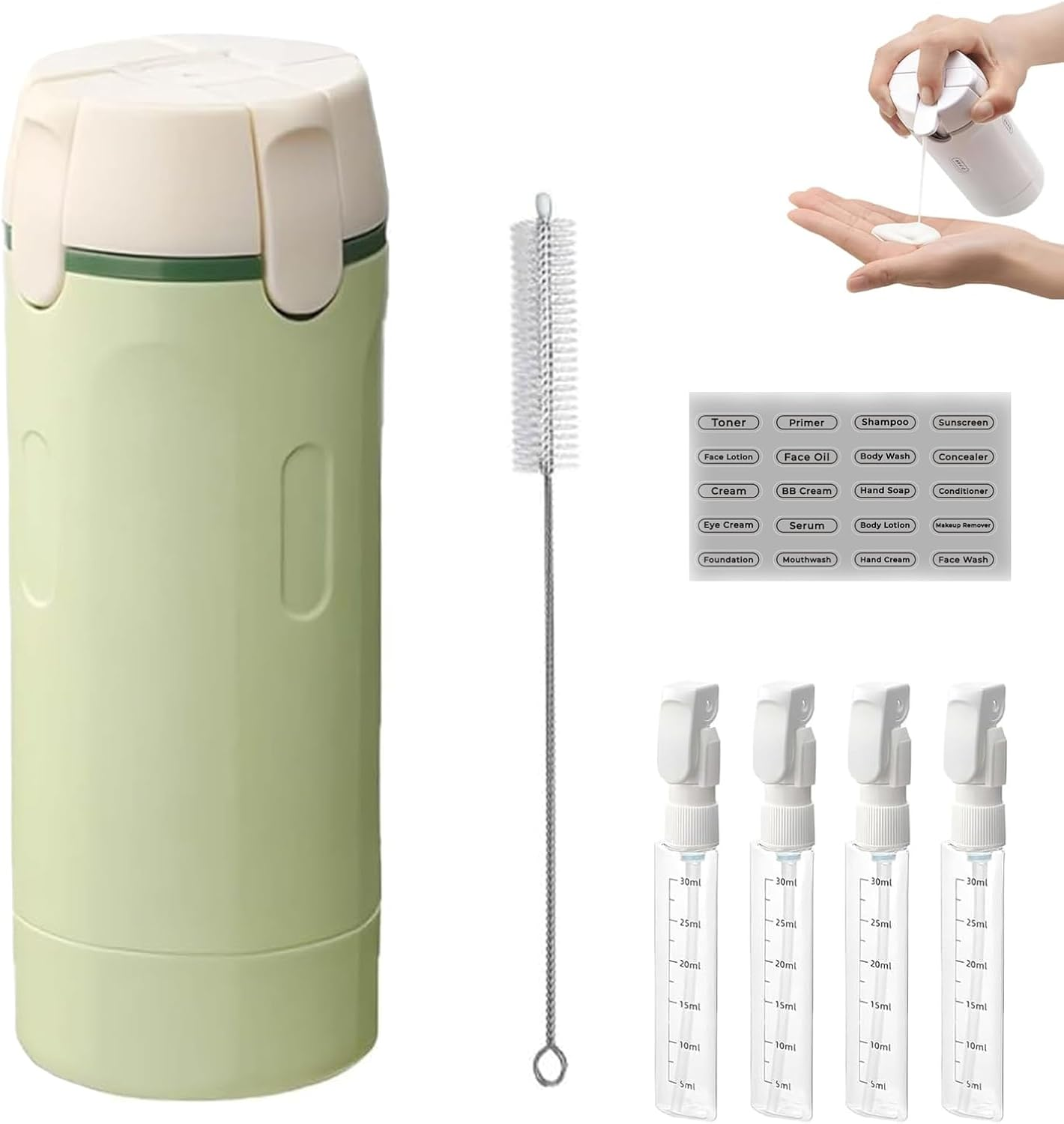 4-In-1 Travel Dispenser Bottle, Portable Leak Proof Refillable Toiletry Containers, Mini Shampoo Dispenser Portable Travel Bottle Set with Scale Label for Toiletries, for Flights Gym (Green*1)