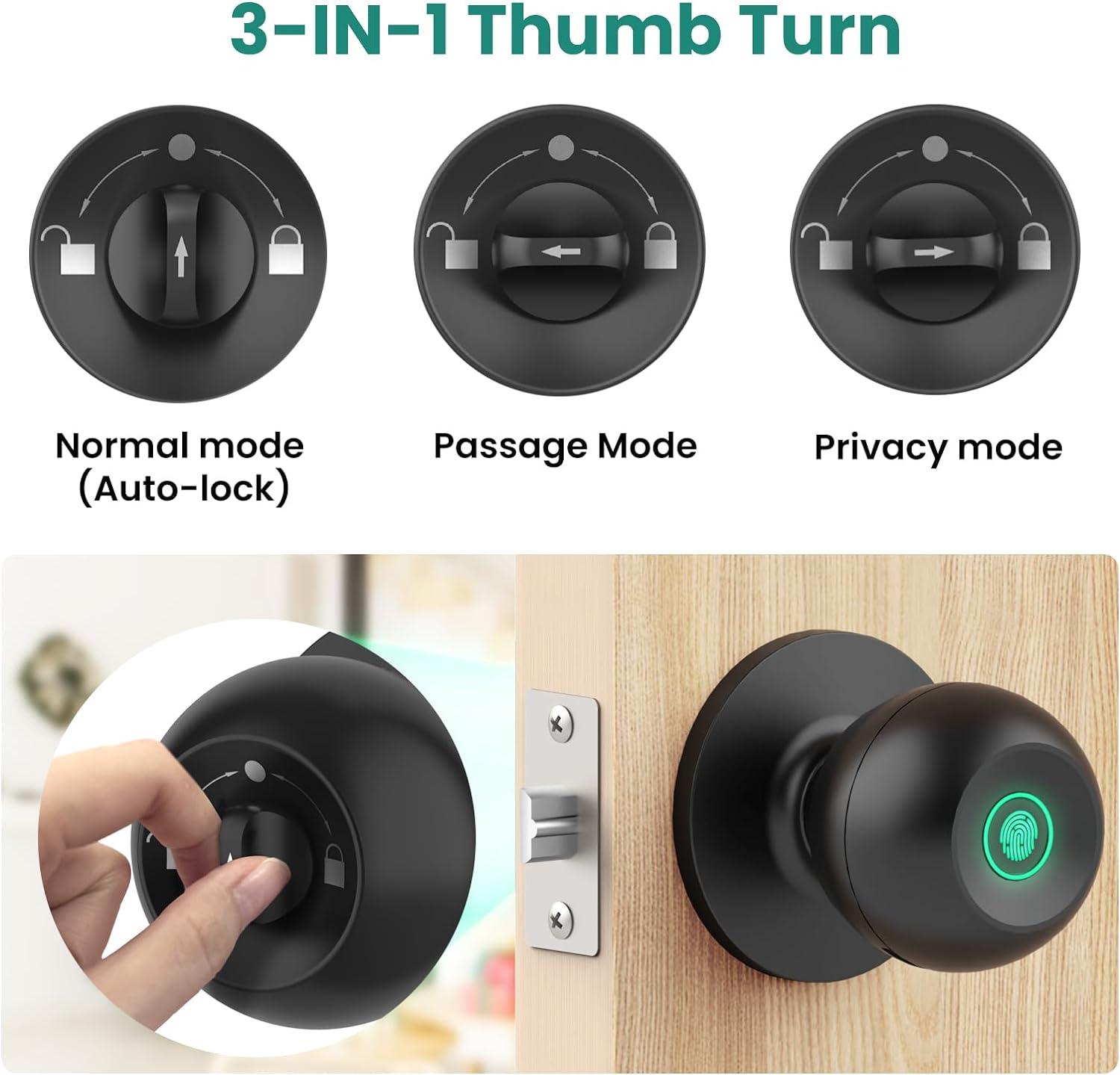 Ghome Smart Fingerprint Door Lock, Door Knob with App Smart Lock for Bedroom Door, Keyless Entry, Type-C Port Emergency Charging, Biometric Lock Great for Room, Garage, Office, Apartment (Matt Black)