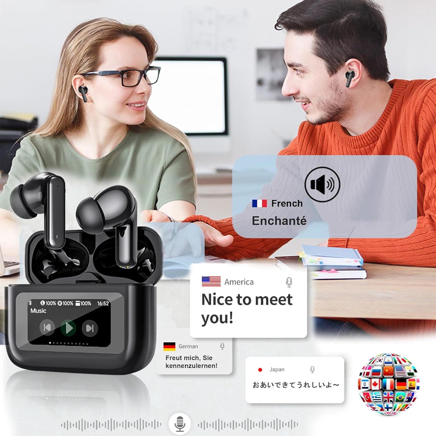 Xmenha AI Translation Earbuds with Screen Translator Headphones with Touchscreen Active Noise Cancelling in Ear ANC Wireless Translator Headphones Ear Buds Real Time Translator Headphones Translation image number 4