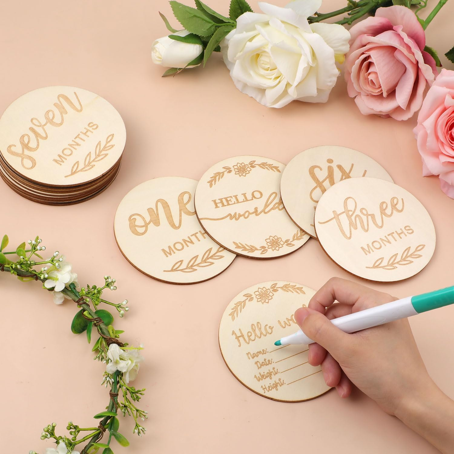 14Pcs Flower Baby Monthly Cards, 1-12 Months Baby Announcement Sign Hello World Newborn Sign for Milestone Wooden Discs Baby Monthly Card Sign for Boy and Girl Photography Props image number 1