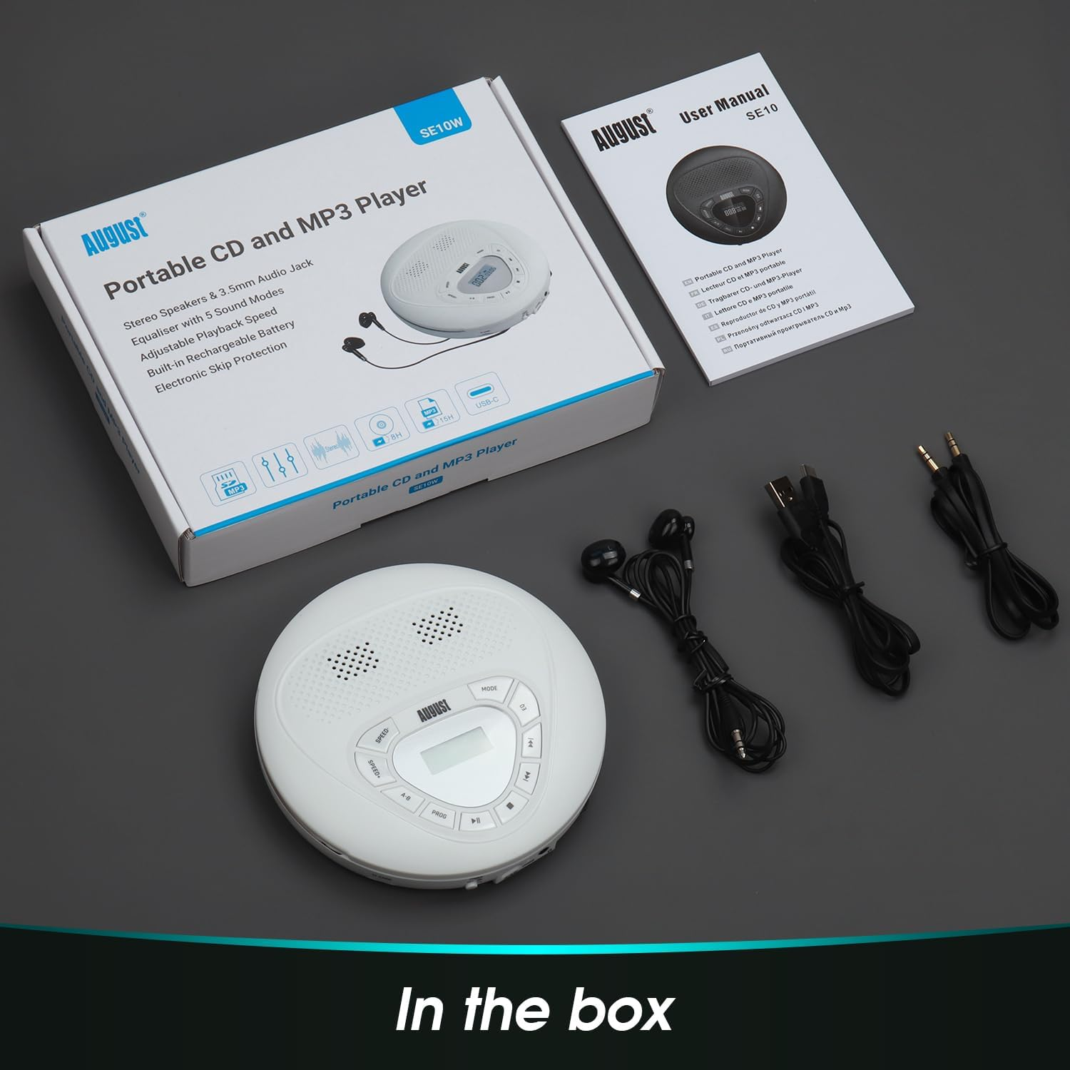 August SE10W Rechargeable Portable CD Player with Earphones USB-C Personal CD Walkman with anti Skip Protection, Repeat, EQ, PROG, MP3 Micro SD Card Mode - Small Size for Car, Home, Travel - White image number 1