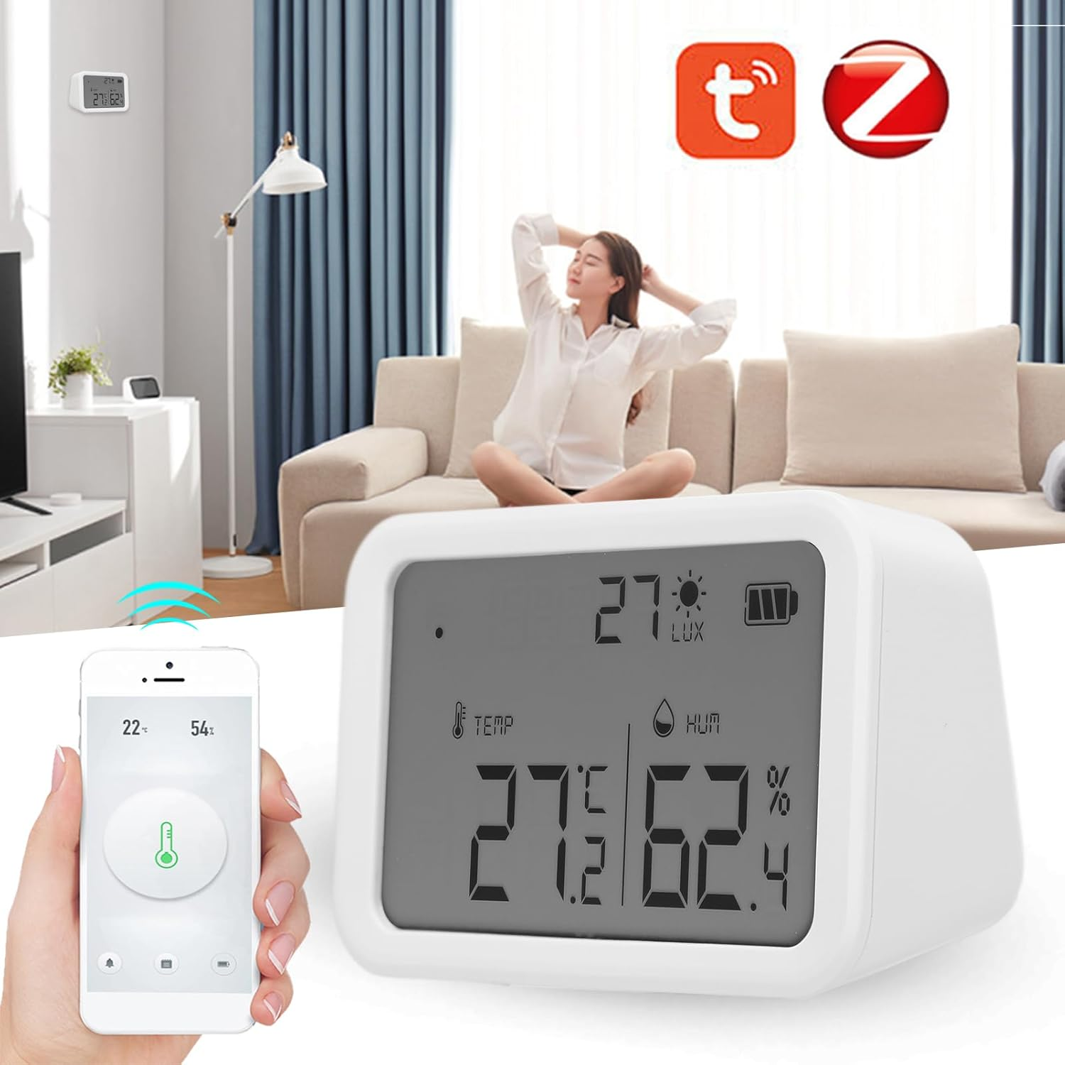 Indoor Temperature Humidity Sensor, Temperature Humidity Light 3 in 1 Recording Device with LCD Screen for Remote Monitoring image number 6